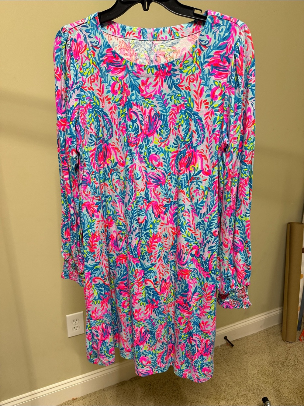 Lilly Pulitzer Large Bright Floral Long Sleeve Tunic Dress - Pink & Blue